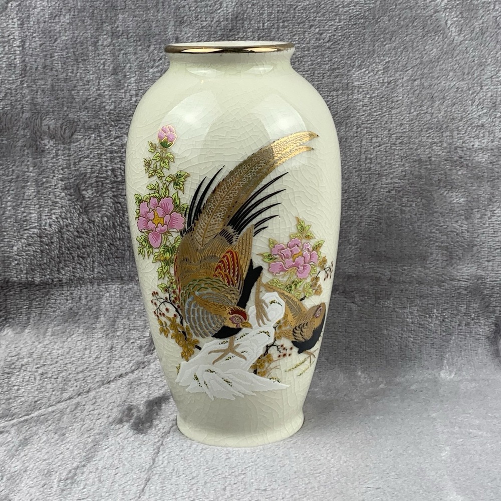 Vintage Vase Handpainted With Gold Leaf Pheasants Made In Japan Crazing - Picture 12 of 14